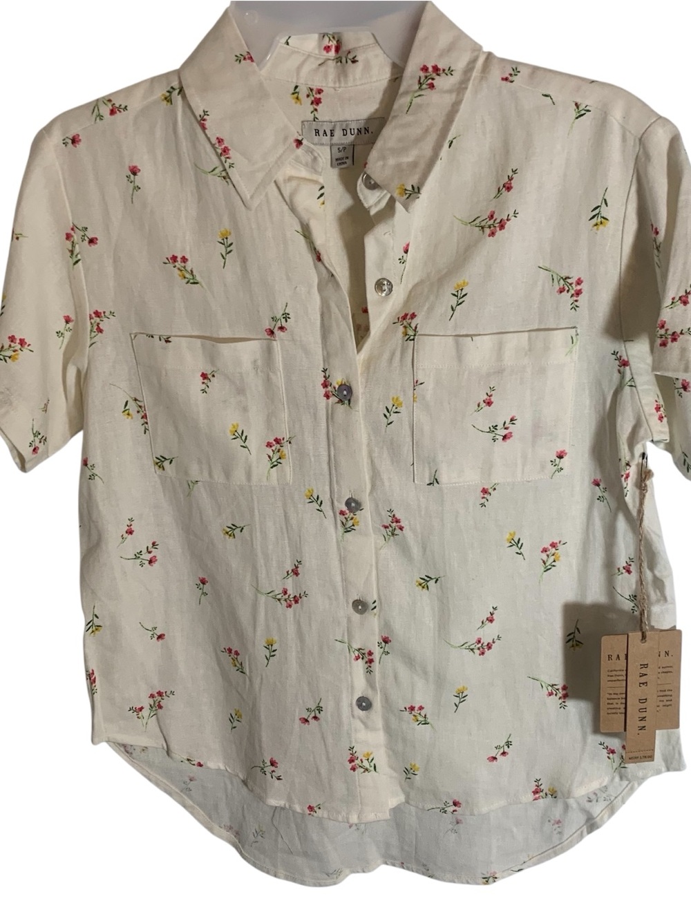 Rae Dunn Linen Floral Shirt Sz Small Button front NWT Patch Pockets